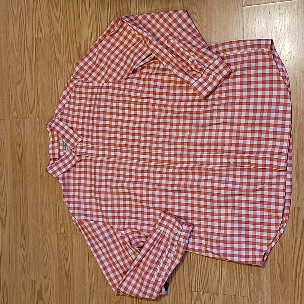 LL Bean Cotton Shirt Men"s Orange White Check Long Sleeve Button Down Sz XL